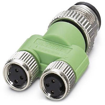 Green Y-adapter with metal connectors, suitable for connecting two cables to one device, typically used in industrial applications.