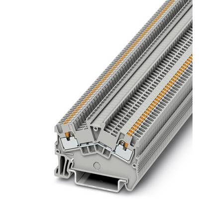 Grey electrical terminal block with multiple connections for wiring. Shows detailed profile and mounting rail.