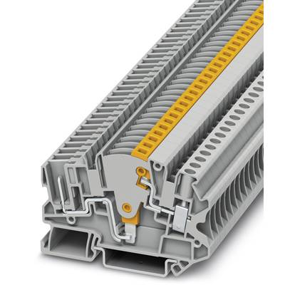 Cross-section of a grey terminal block with an orange lever, showing internal wiring paths and mounting points, for electrical installation.