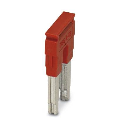 Red flat fuse with two metal contacts for electrical protection in vehicles or devices.