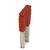 Red flat fuse with two metal contacts for electrical protection in vehicles or devices.
