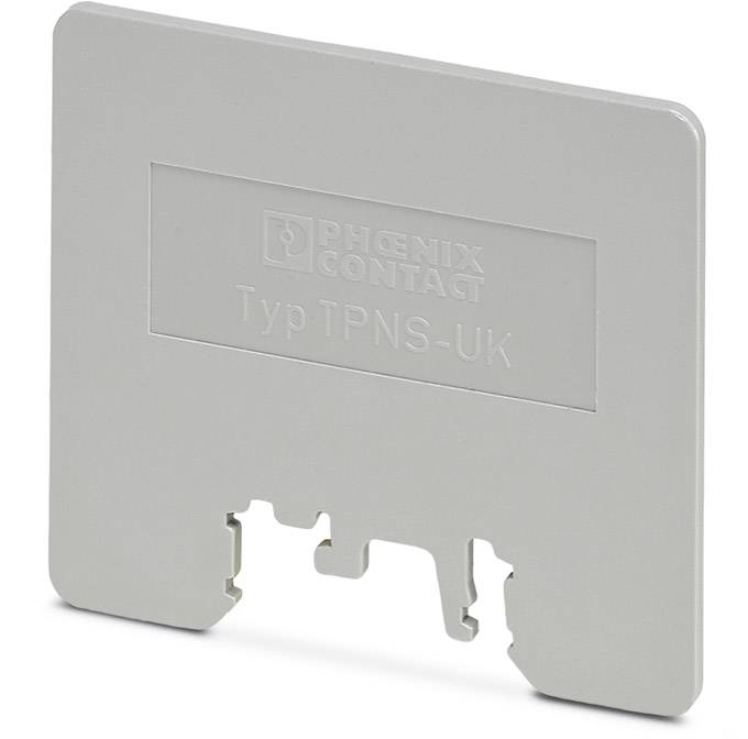 'PHOENIX CONTACT Type TPNS-UK', grey plastic cover for electrical connections, rectangular with two clips along the bottom edge.