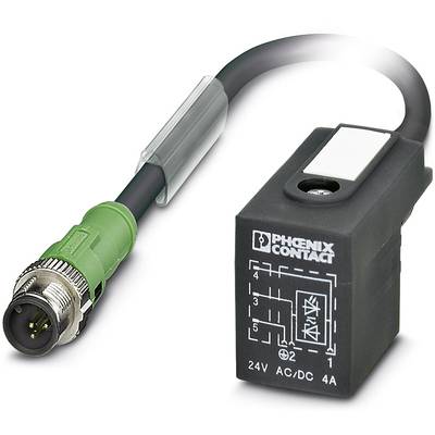 A black Phoenix Contact relay with cable, green connector, shows a circuit diagram. For electronic control systems.