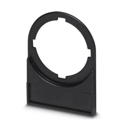Black plastic mounting bracket with a circular cutout, suitable for securing objects. Freestanding and without other objects.