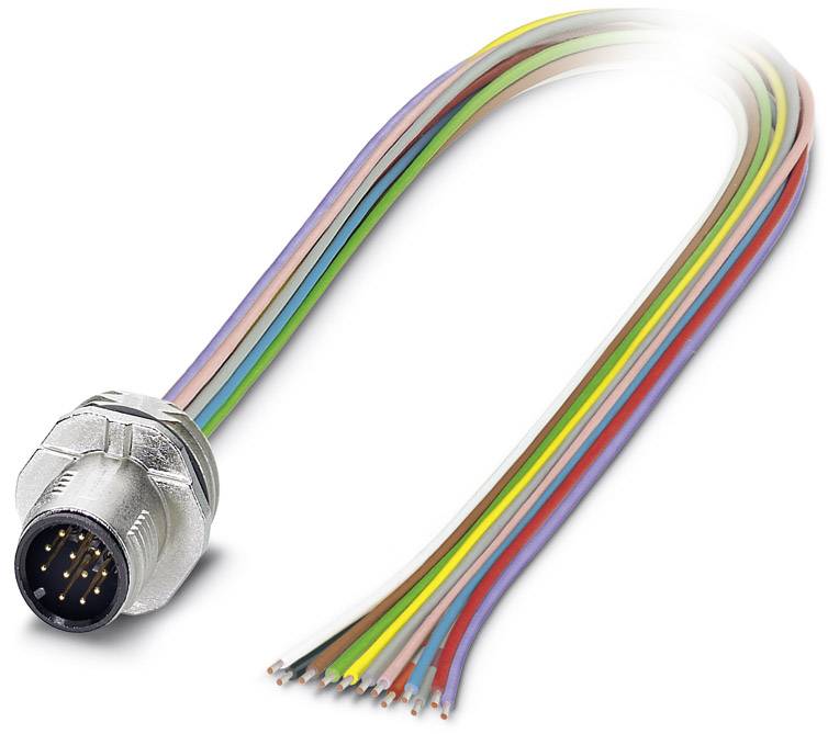 A multi-core cable with a round, silver plug and several colourful wires ending openly, against a white background.