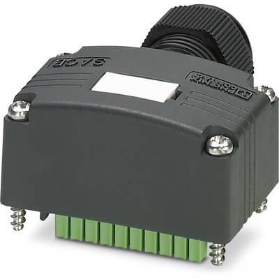A rectangular, black electrical connector with green contacts and metal screws.
