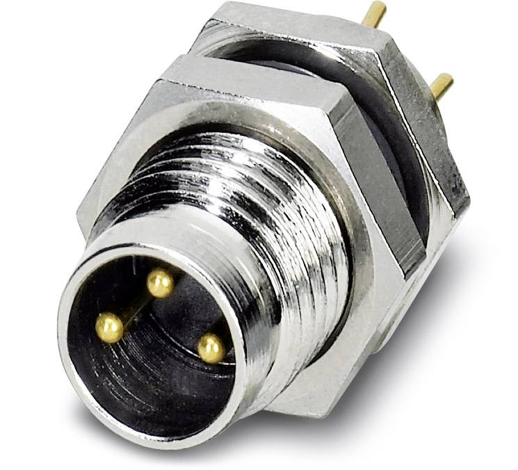 A round, metallic connector with three golden pins and a hexagonal thread for fastening.