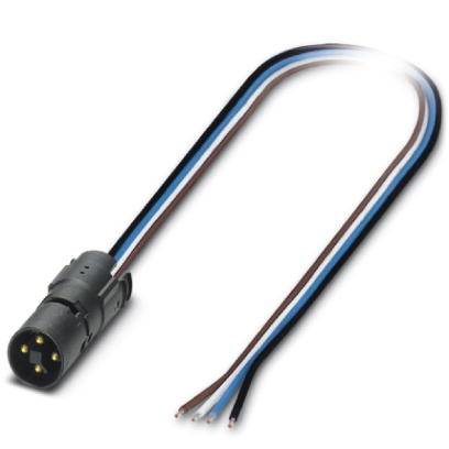 A black cable plug with four exposed wires at one end, colour-coded in blue, black, white, and brown, on a white background.