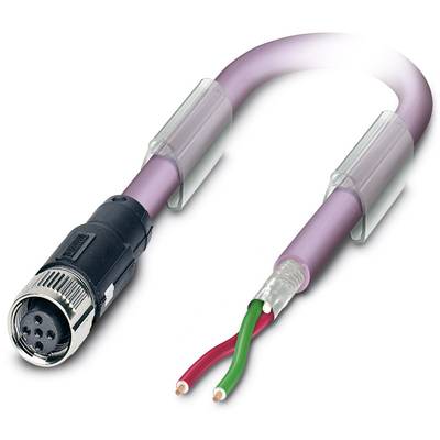 An electronic cable with a round metal plug and three protruding, coloured wires: red, green and white.