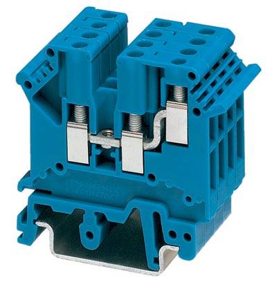 A blue terminal block with metal components, used for securing and connecting electrical wires in junction boxes.