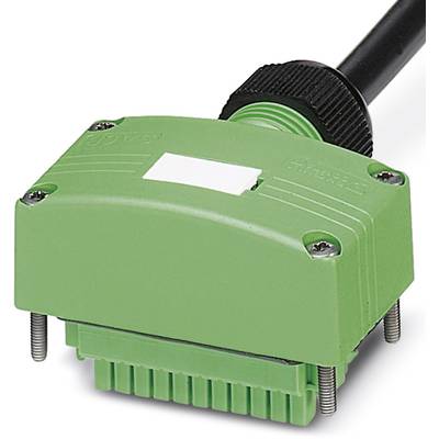 Green rectangular electric plug with multiple connection points, cable attached on the top side, against a neutral background.