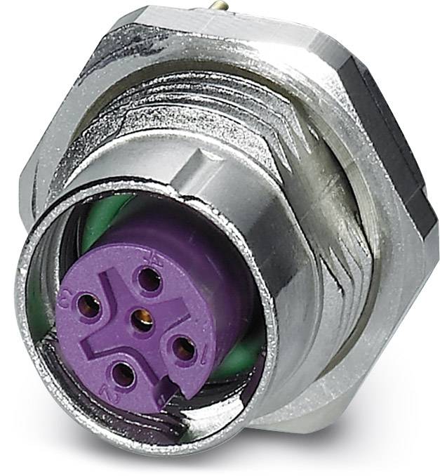 Metal connector with a purple five-pin plug inside, surrounded by a hexagonal housing.