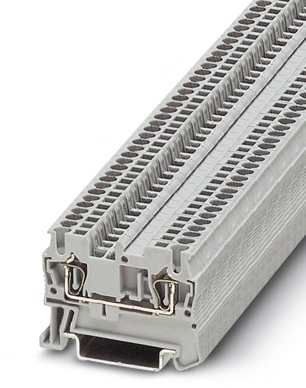Grey terminal block with multiple connection points for electrical wiring, suitable for industrial applications.