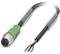 A green and black cable with a plug and three exposed wire ends: brown, blue, and black, in a plastic sheath.