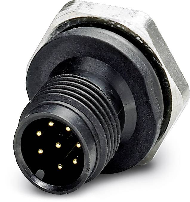 A black, round plug with six gold-plated pins, inserted in a silver metal housing. Suitable for industrial applications.