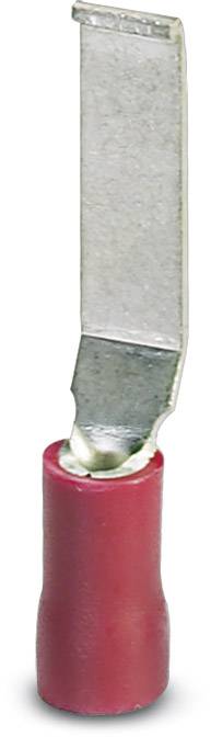 A red flat-pin cable lug with an insulated sleeve and metallic connection piece, used for electrical connections.