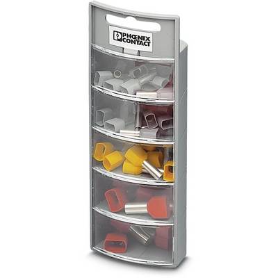 A grey plastic organiser with six compartments, filled with red, grey and yellow cable shoes. 'Phoenix Contact' logo at the top.