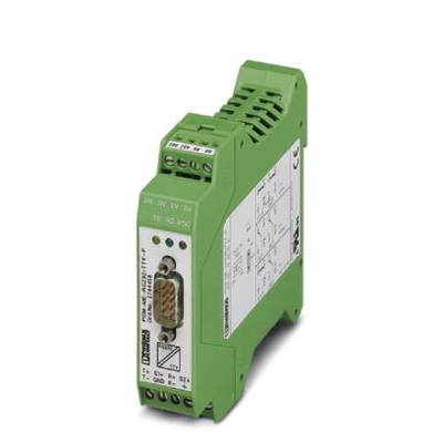 A green electronic device, presumably a signal converter or isolation amplifier, with multiple ports and technical specifications.