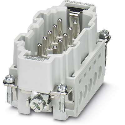Industrial rectangular connector with multiple metal pins and screws, suitable for robust electrical connections.