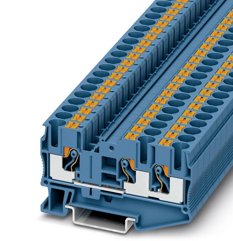 Multi-storey electrical terminal block made of blue plastic with orange connecting elements, used in electrical junction box construction.