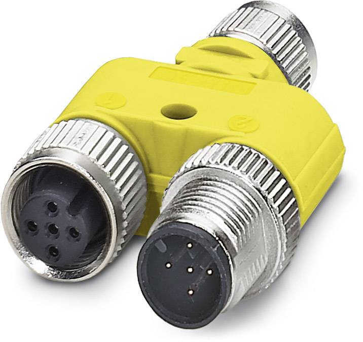 A yellow T-shaped M12 connector with three connections, two male and one female, for industrial applications.