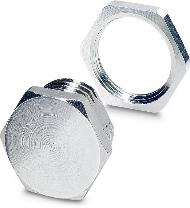 Two hexagonal metal components, a bolt and a nut, made of shiny material. The bolt displays its threading, with the nut positioned beside it.