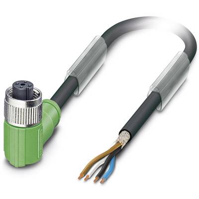 A green angled plug cable with a metal thread shows three exposed wires of different colours at the other end.