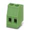 Green two-pole connector terminal block, suitable for use in electrical connections on a printed circuit board.