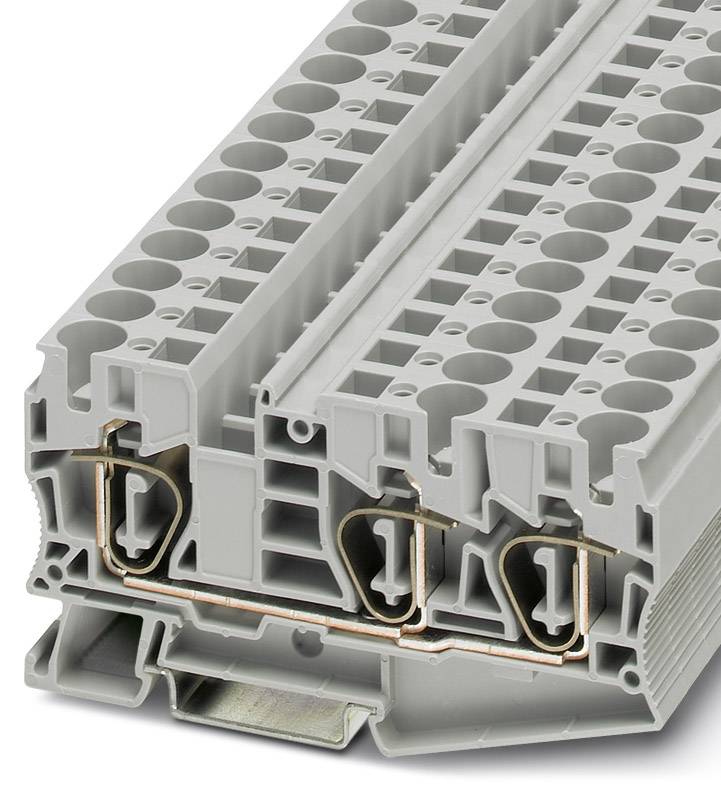 A grey terminal block with multiple levels and connection options is shown. Suitable for electrical connections.
