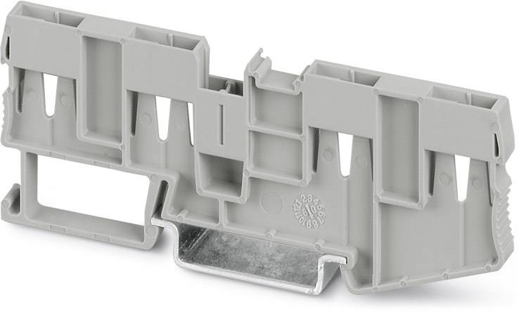 Grey-white electrical terminal block with two connections for connecting wires.