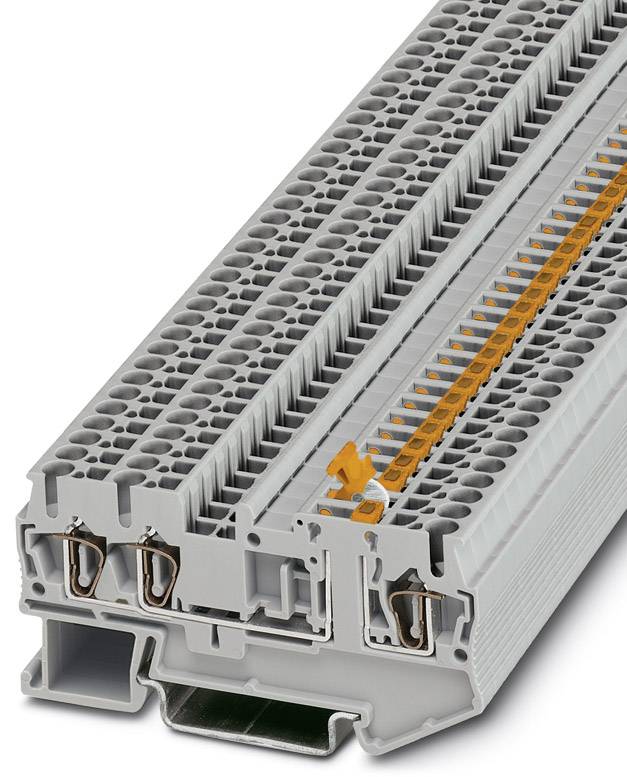 Grey, rectangular electrical connector with multiple slots and orange components, viewed from the side.