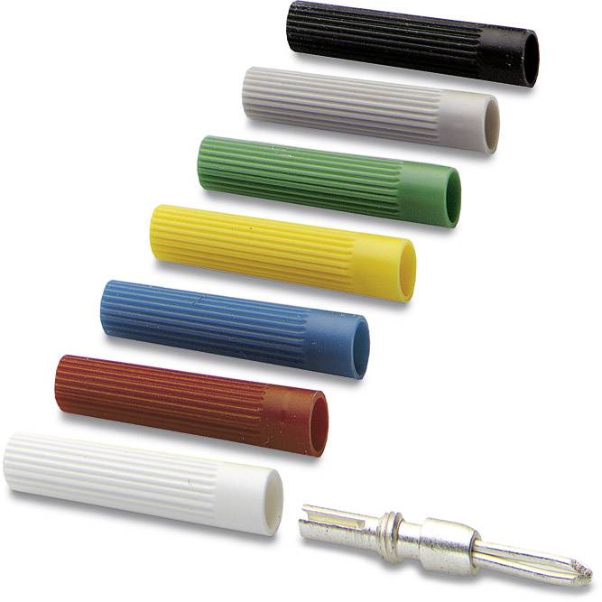 Colour-coded isolated cable connectors in various colours (black, grey, green, yellow, blue, red, white) next to a metal pin.