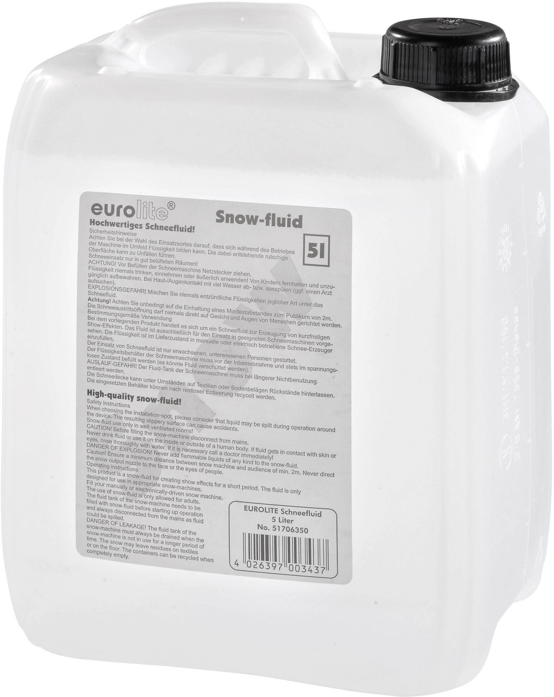 A white 5-litre container with a black lid, labelled 'high-quality snow fluid'. Contains liquid for snow machines.