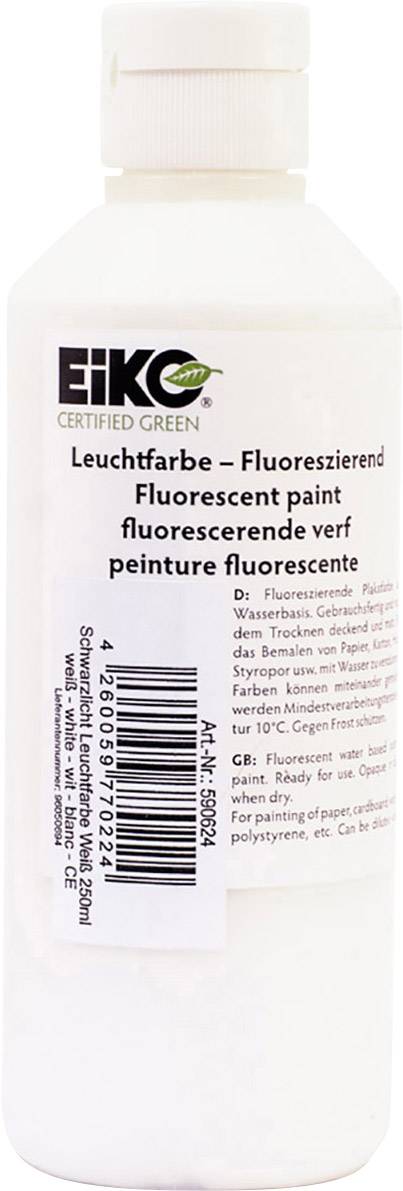 Bottle of 'Fluorescent Luminescent Paint' in white container, Eco-Label. Text in various languages.