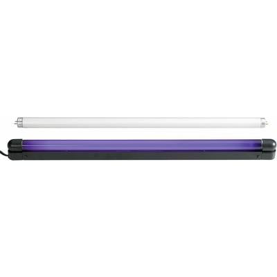 Two fluorescent tubes: one white, one purple, placed side by side in a black mounting.