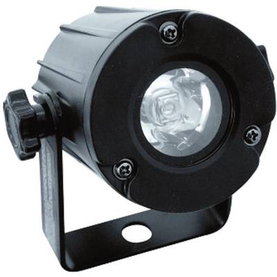 A small, cylindrical LED spotlight with a mounting bracket. It is manufactured from black material and is used for illumination.