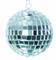 Silver disco ball with square mirror pieces reflecting light.