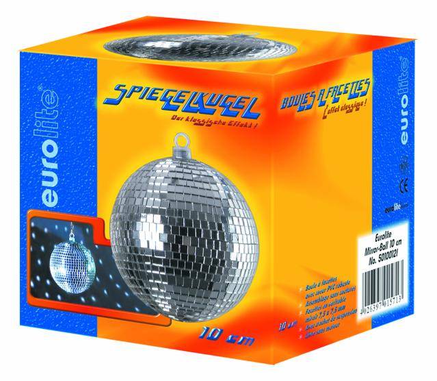 Packaging for a 10 cm Eurolite mirror ball. Shows the ball with numerous small mirror tiles for light effects.