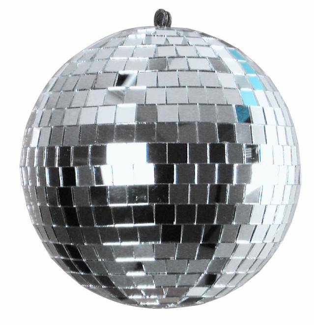 Silver disco ball with reflective tiles that reflect light.