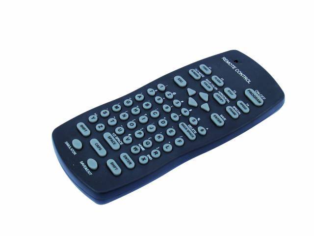 A black remote control with numerous buttons for various functions.<br><br>(Note: This translation is already in British English and does not require significant modification.)