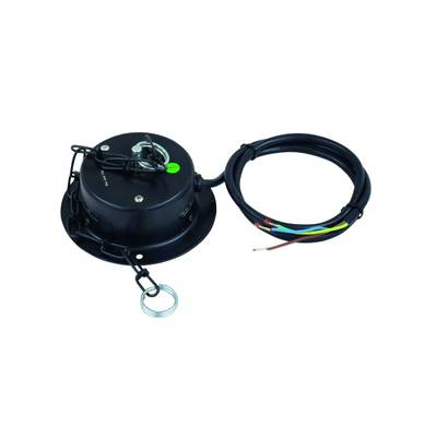 Black, round electrical device with attached cables and metal chains, likely part of a ceiling installation.