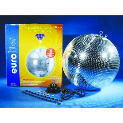 Mirror ball set consisting of a silver disco ball, mounting kit, and packaging with the Eurolite logo on a blue background.