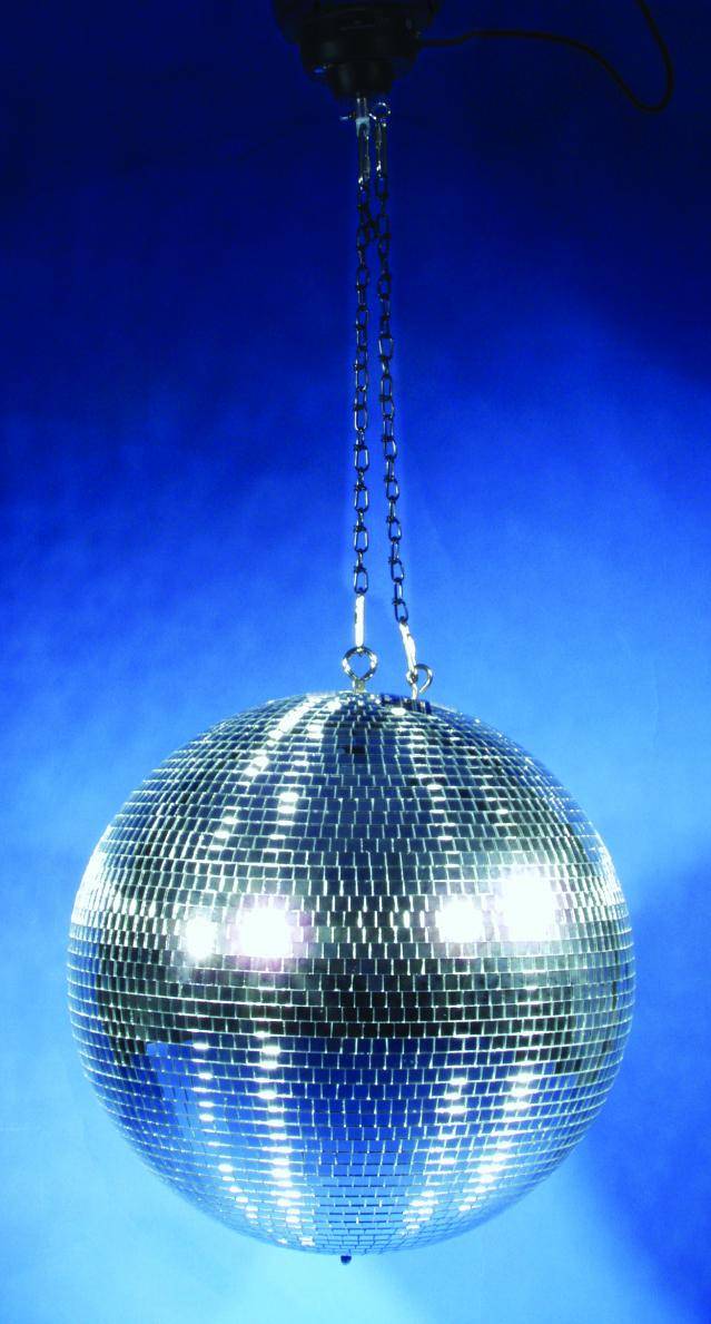 A glittering disco ball hangs from the ceiling, reflecting light and creating colourful patterns against a blue background.