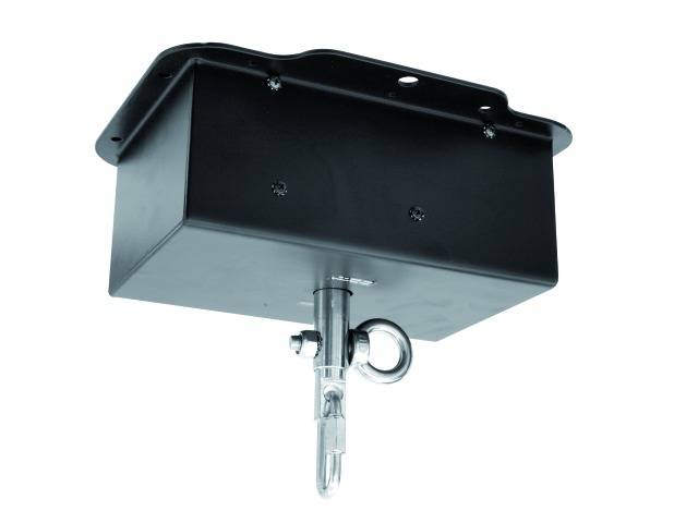 Black hook bracket with mounting mechanism, mounted on a ceiling plate.