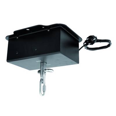 Black motor lift with hook and cable, suitable for raising or lowering lighting fixtures.
