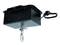Black motor lift with hook and cable, suitable for raising or lowering lighting fixtures.