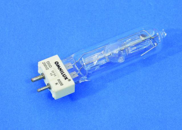 An Omnilux 400W halogen lamp with two pins, on a blue background.