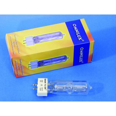 Packaging and a halogen lamp from the 'Omnilux' brand on a blue background. The lamp is cylindrical with metal pins.