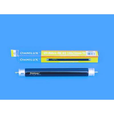 An Omnilux UV tube with the inscription 'UV tube 4W G5 150x16mm T5' is pictured next to its blue packaging against a blue background.