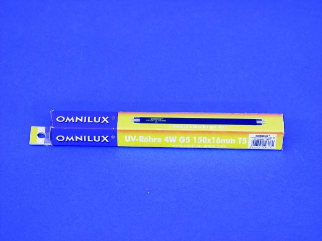 Packaging of an 'Omnilux' UV tube, 4W, GS 150x16mm T5, on a blue background.